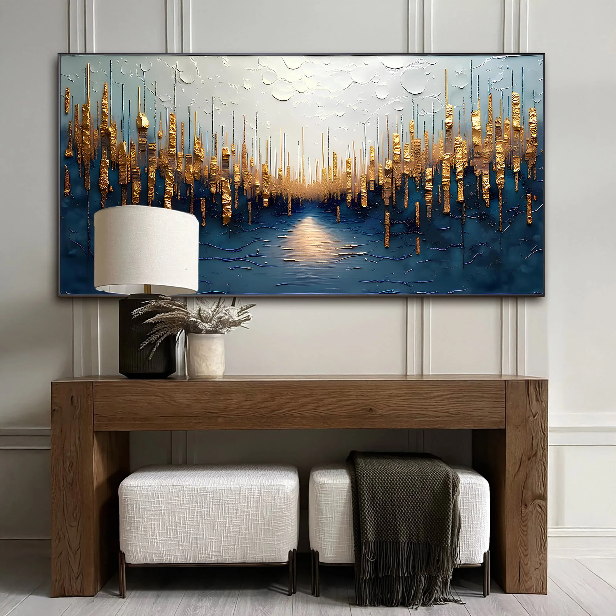 Golden Forest Reflection Abstract Impasto Wall Art - Image 2