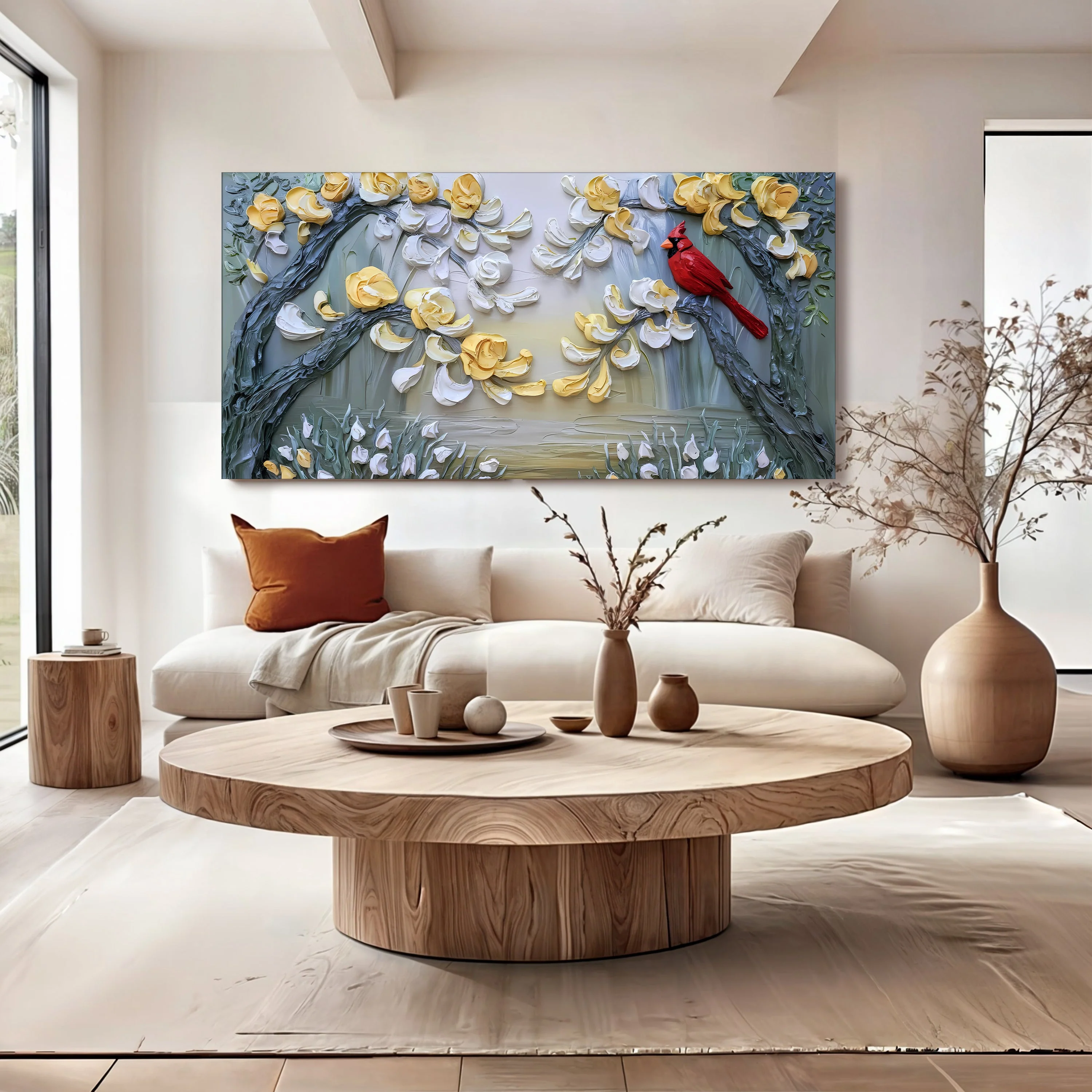 Golden Petals and Scarlet Wings Impasto Wall Art - Image 3