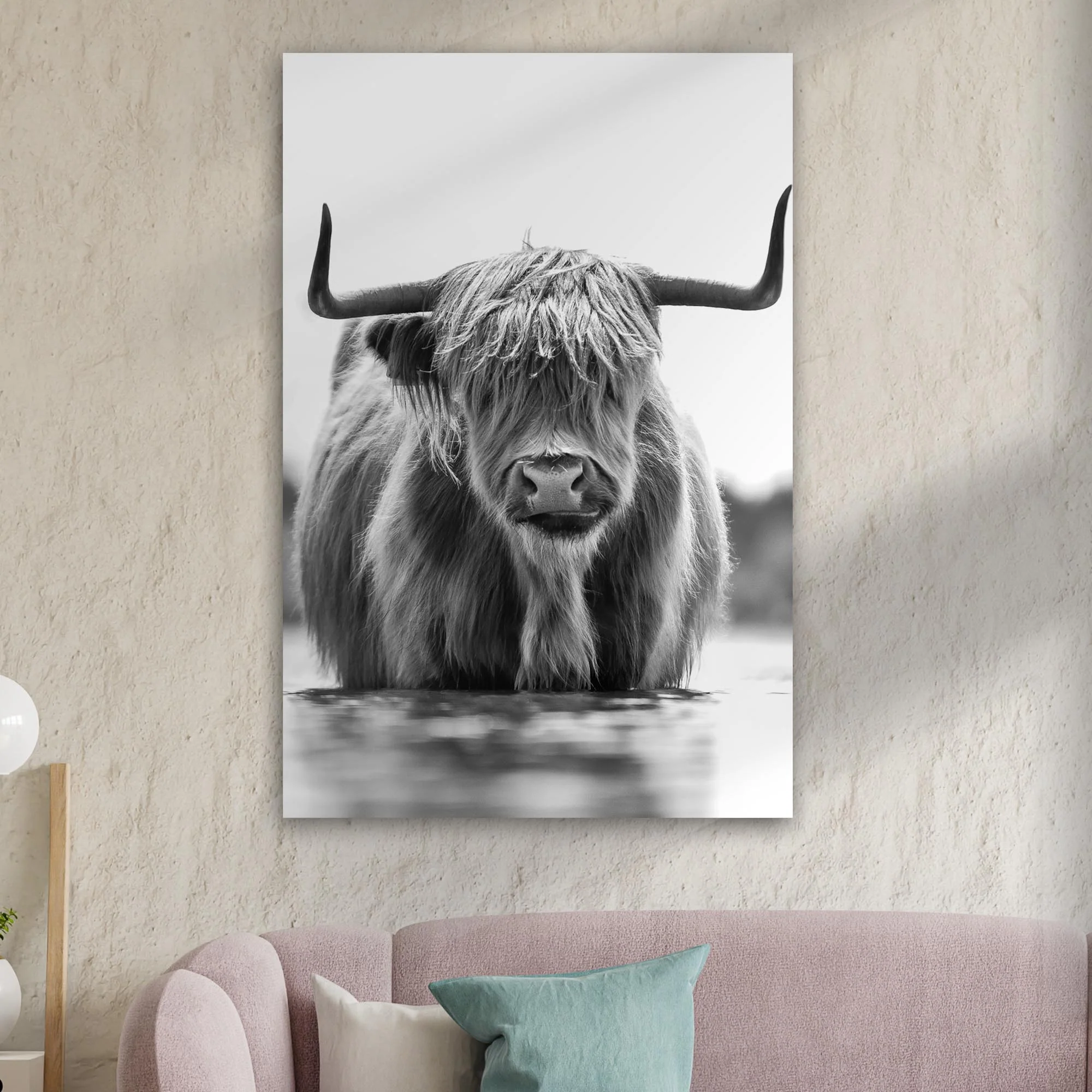 Grayscale Highland Cow Portrait Canvas Wall Art - Image 3