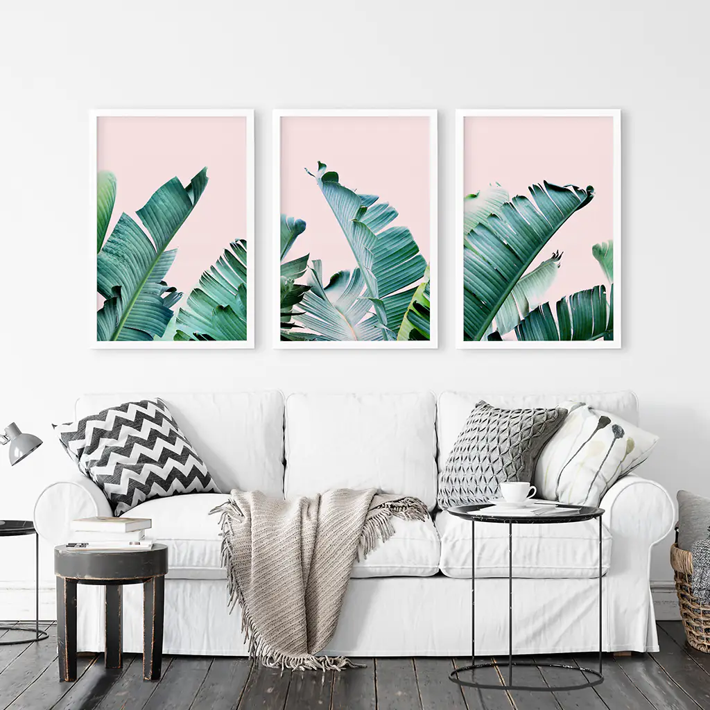 Green Banana Leaves on Pink. Tropical Triptych - Image 2