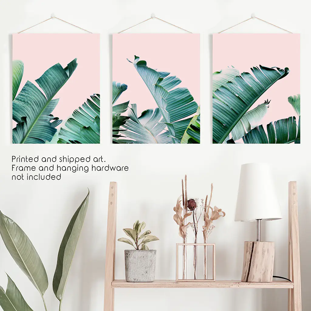 Green Banana Leaves on Pink. Tropical Triptych - Image 9