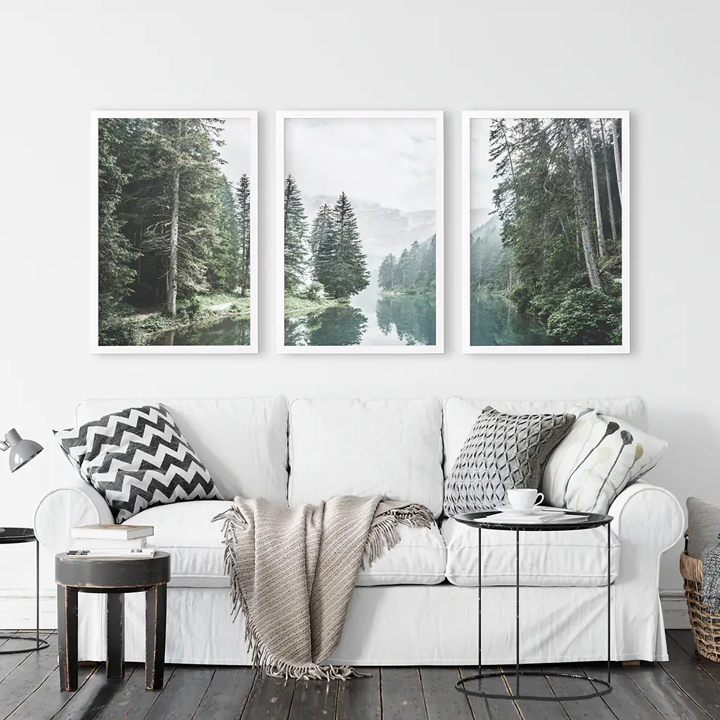 Green Forest River with Trees and Mountain. 3 Piece Wall Art - Image 3
