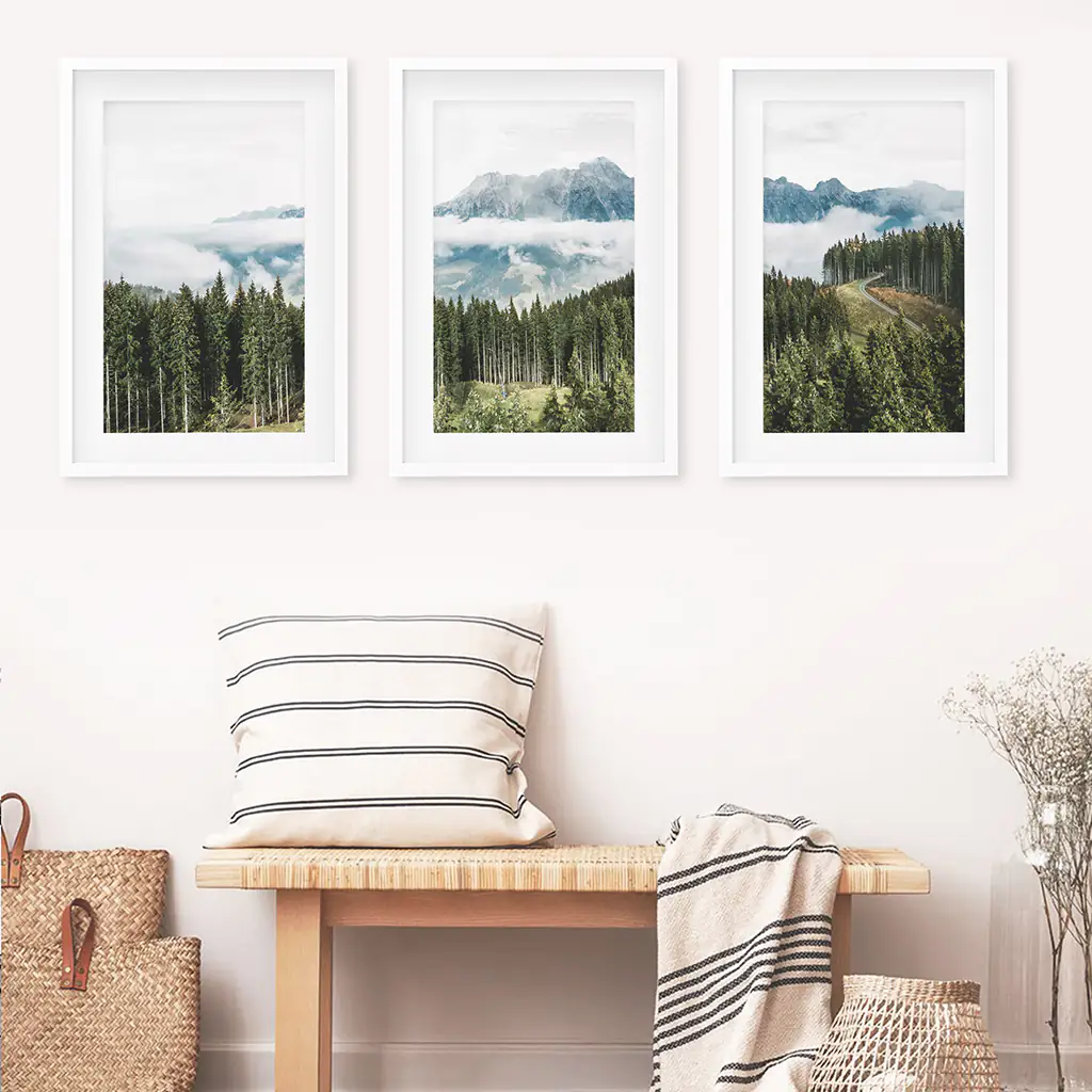 Green Pine Tree Forest. Blue Foggy Mountains. Set of 3 Prints - Image 6