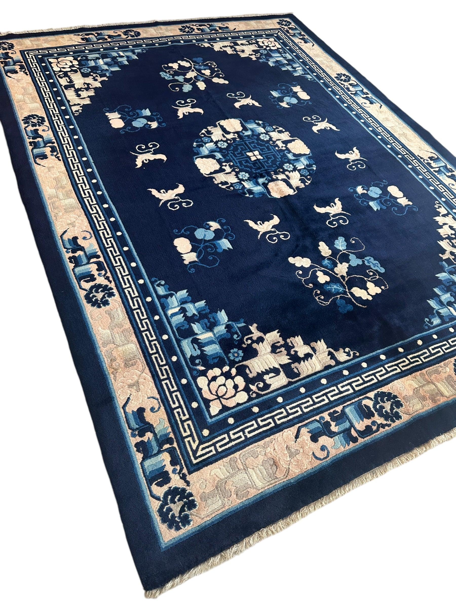 Hand-Knotted Antique Chinese Peking Wool Rug – 5’6” x 7’6” – Full Pile Navy and Cream Design - Image 4