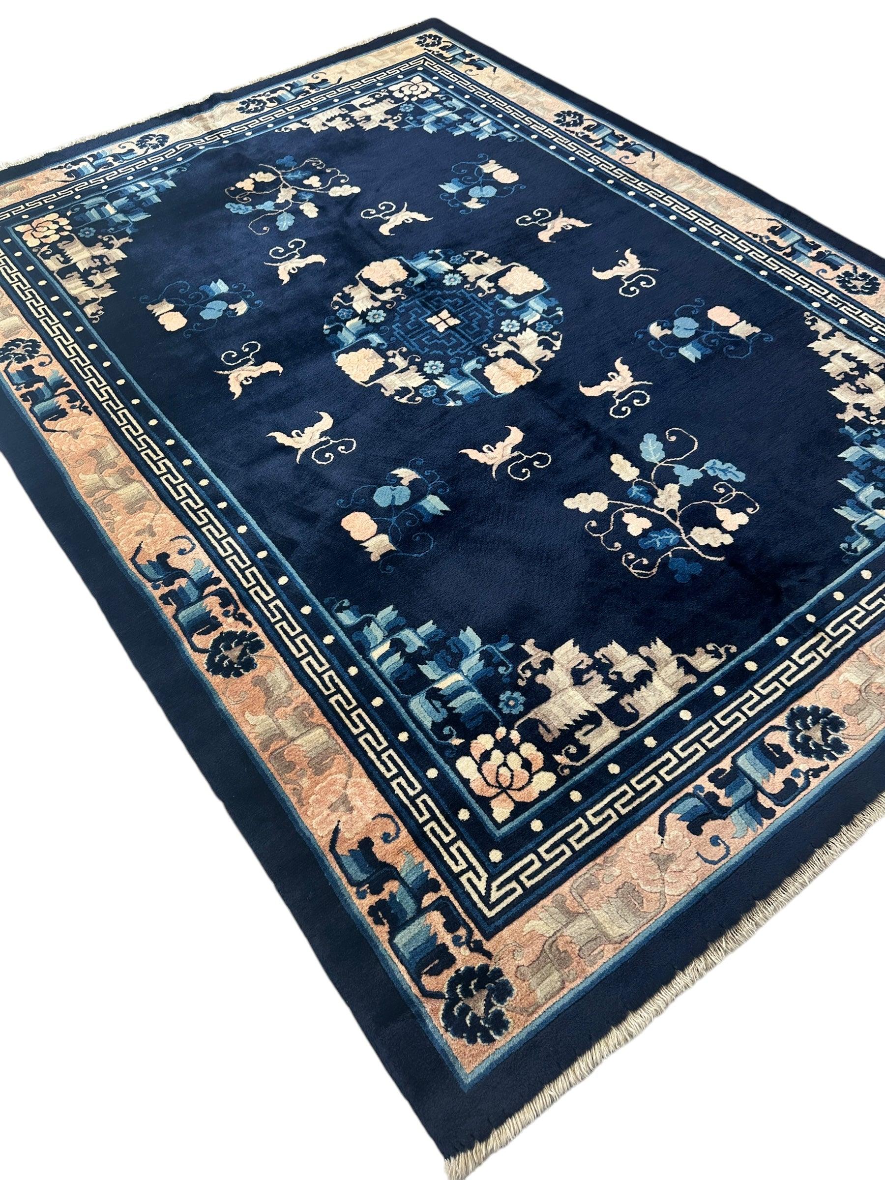 Hand-Knotted Antique Chinese Peking Wool Rug – 5’6” x 7’6” – Full Pile Navy and Cream Design - Image 6