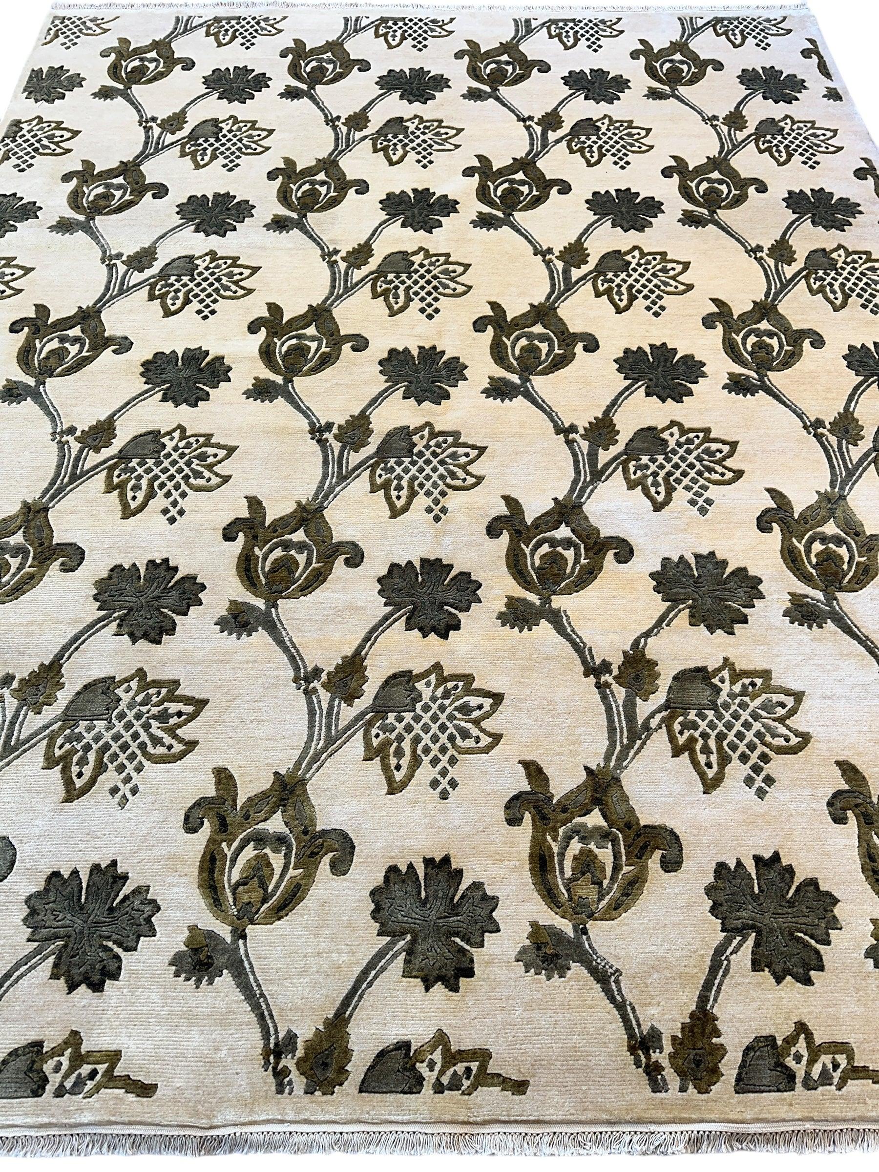 Hand-Knotted Indian Rug - 7'11" x 9'9" - Wool - Floral Pattern - Elegant Beige and Green Design - Image 2