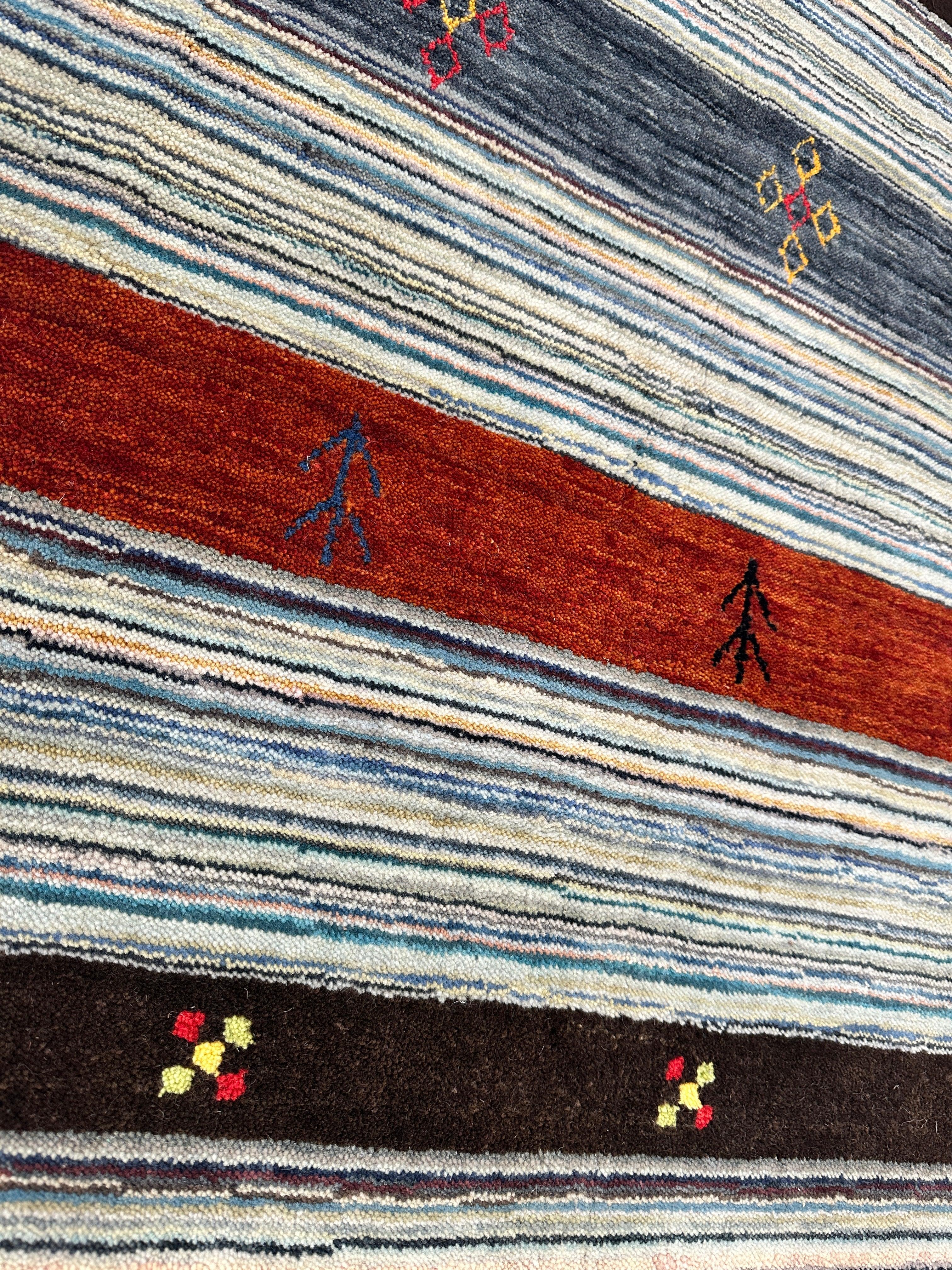 Hand-Knotted Indo-Gabbeh Wool & Bamboo Rug – 5'2" x 7' – Durable Striped Design - Image 5