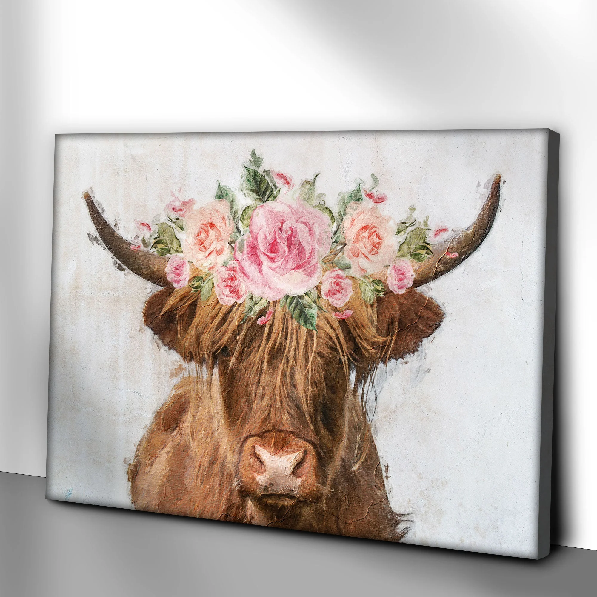Highland Cow Floral Wreath Painting Canvas Wall Art - Image 2