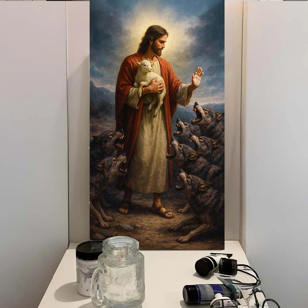 Jesus Protects The Lamb From Wolves Faith Wall Art V - Image 3