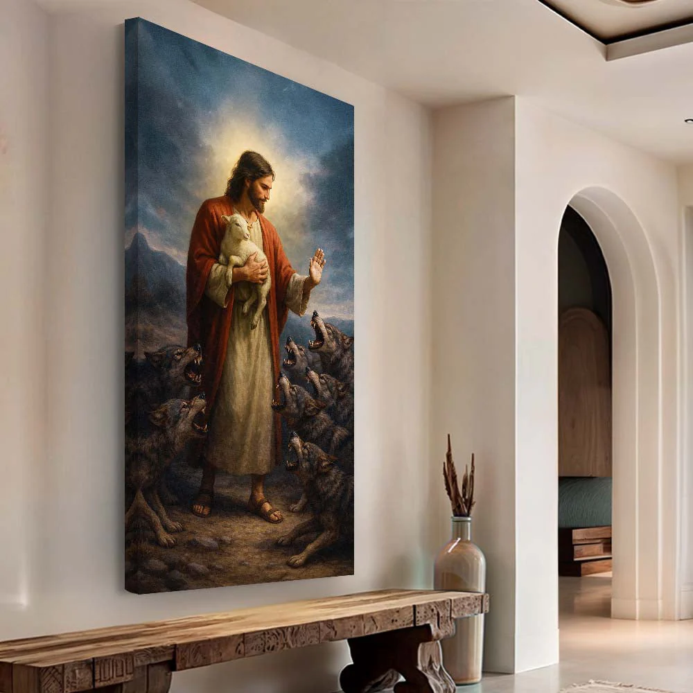 Jesus Protects The Lamb From Wolves Faith Wall Art V - Image 4