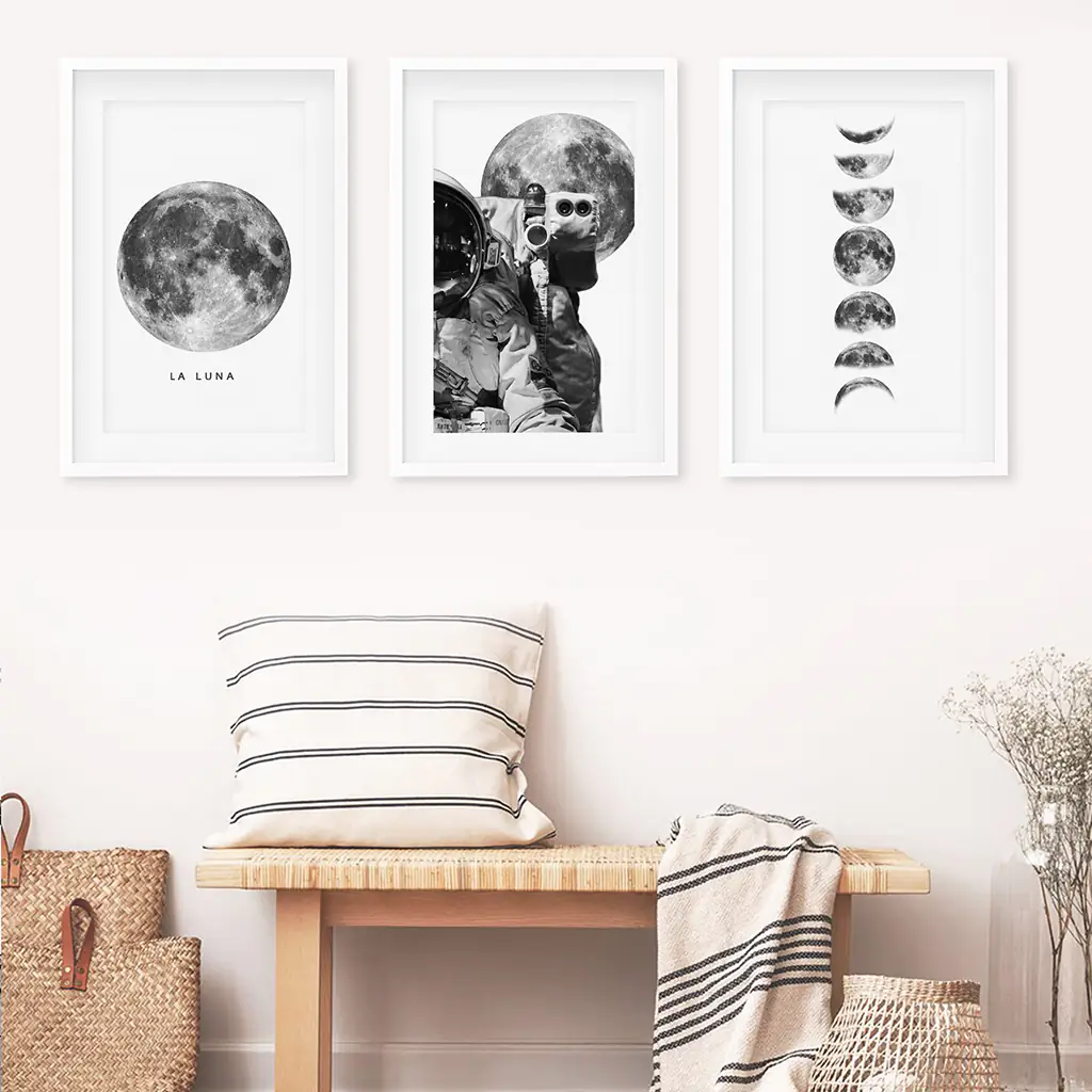 Modern Black White Moon Phases Wall Art Set of 3 - Image 2