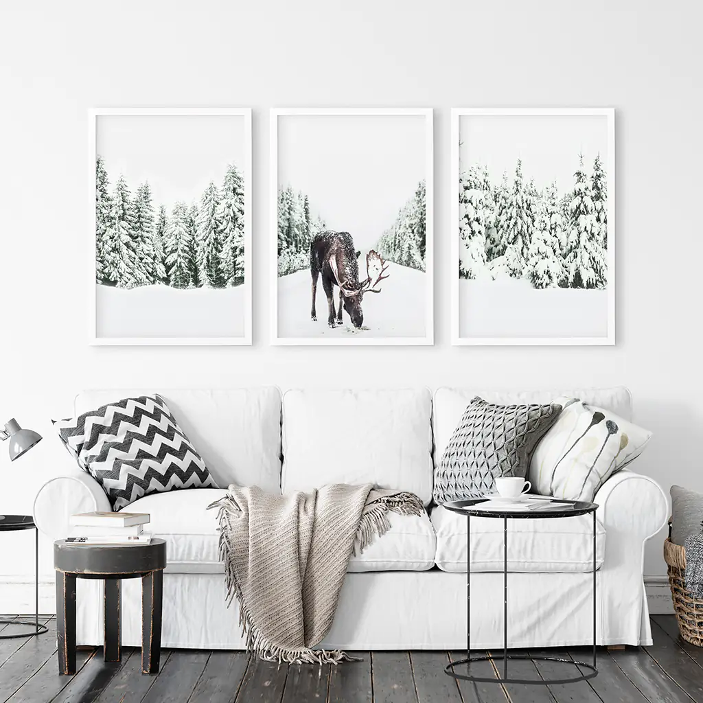 Nordic Winter Wall Art Set of 3. Snowy Forest and Moose - Image 3