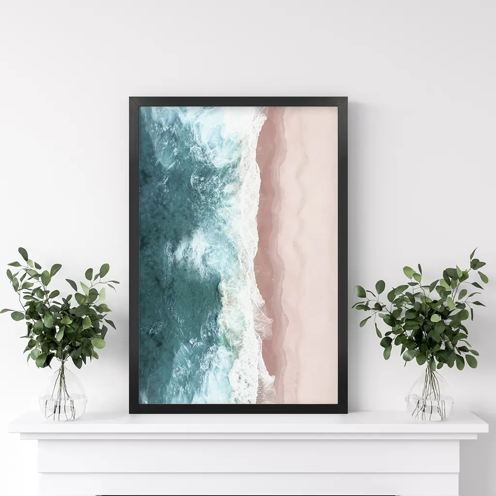 Ocean Aerial Print. Neutral Pink Beach, Blue Waves - Image 2