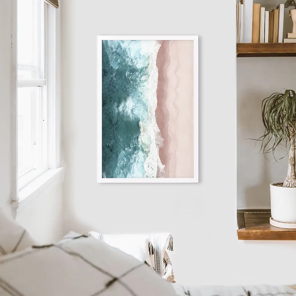 Ocean Aerial Print. Neutral Pink Beach, Blue Waves - Image 4