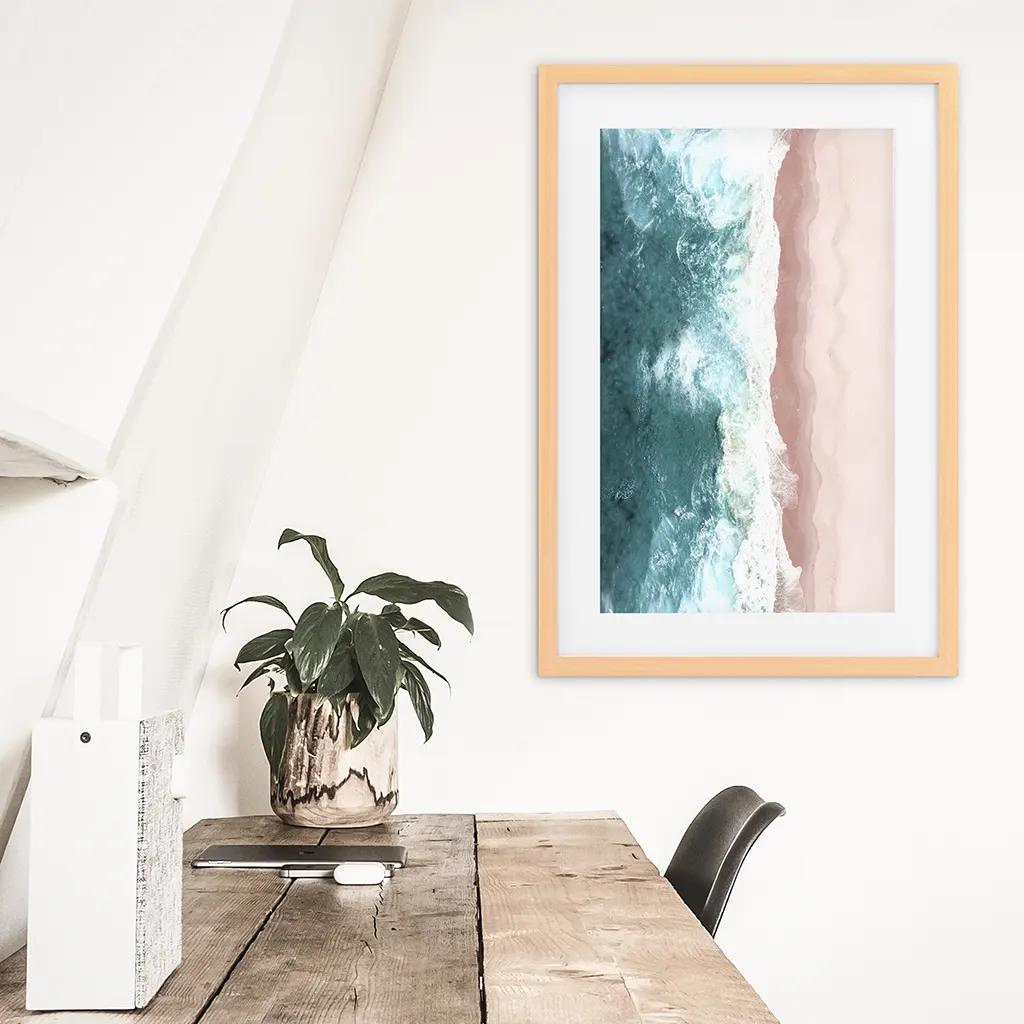 Ocean Aerial Print. Neutral Pink Beach, Blue Waves - Image 5