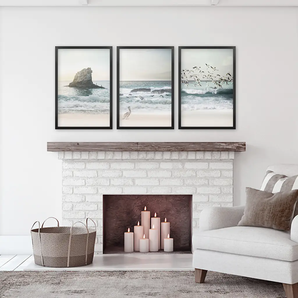 Ocean Beach with Rocks. Beige Blue Coastal Triptych - Image 6