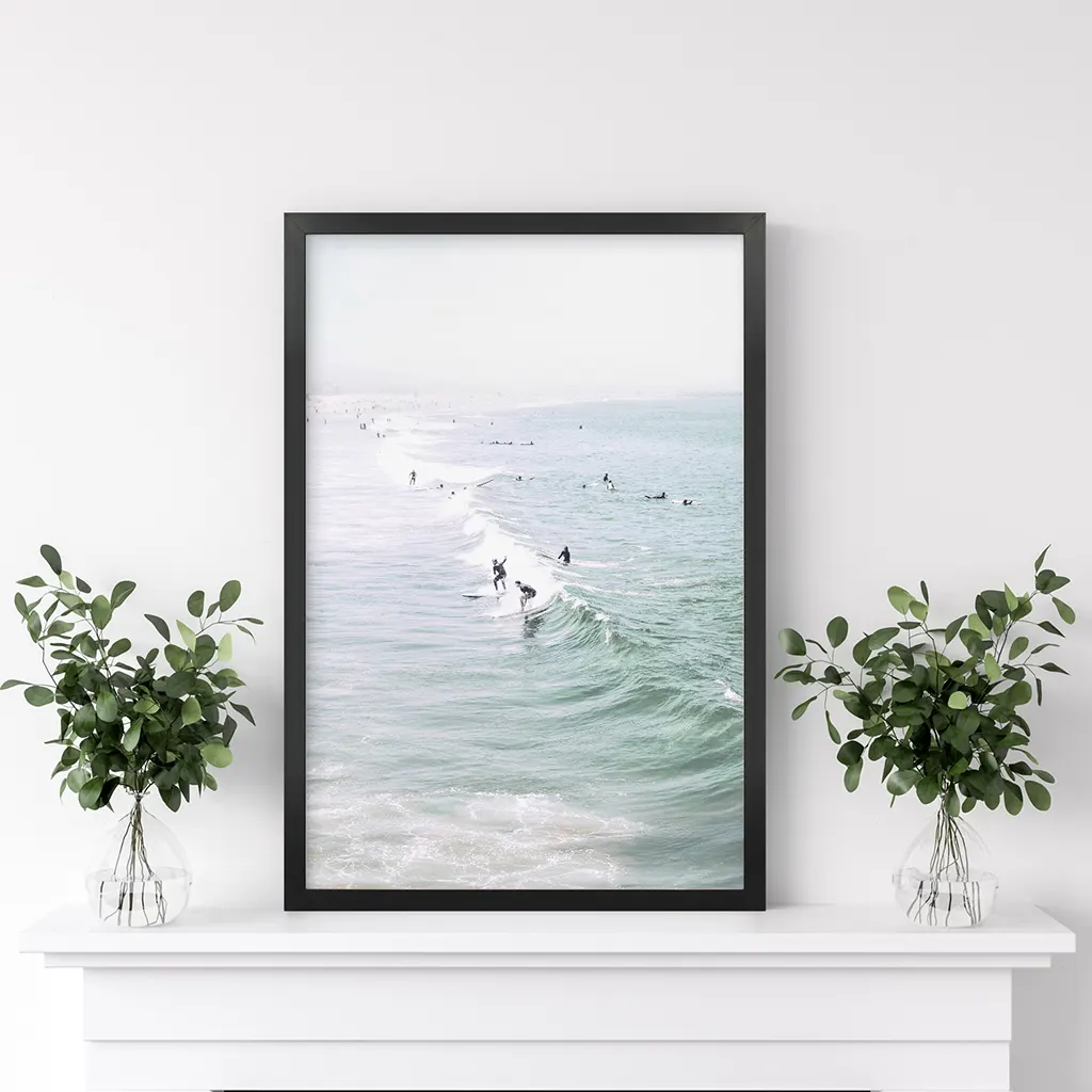 Pastel California Beach Print. Surfers and Ocean Waves - Image 3