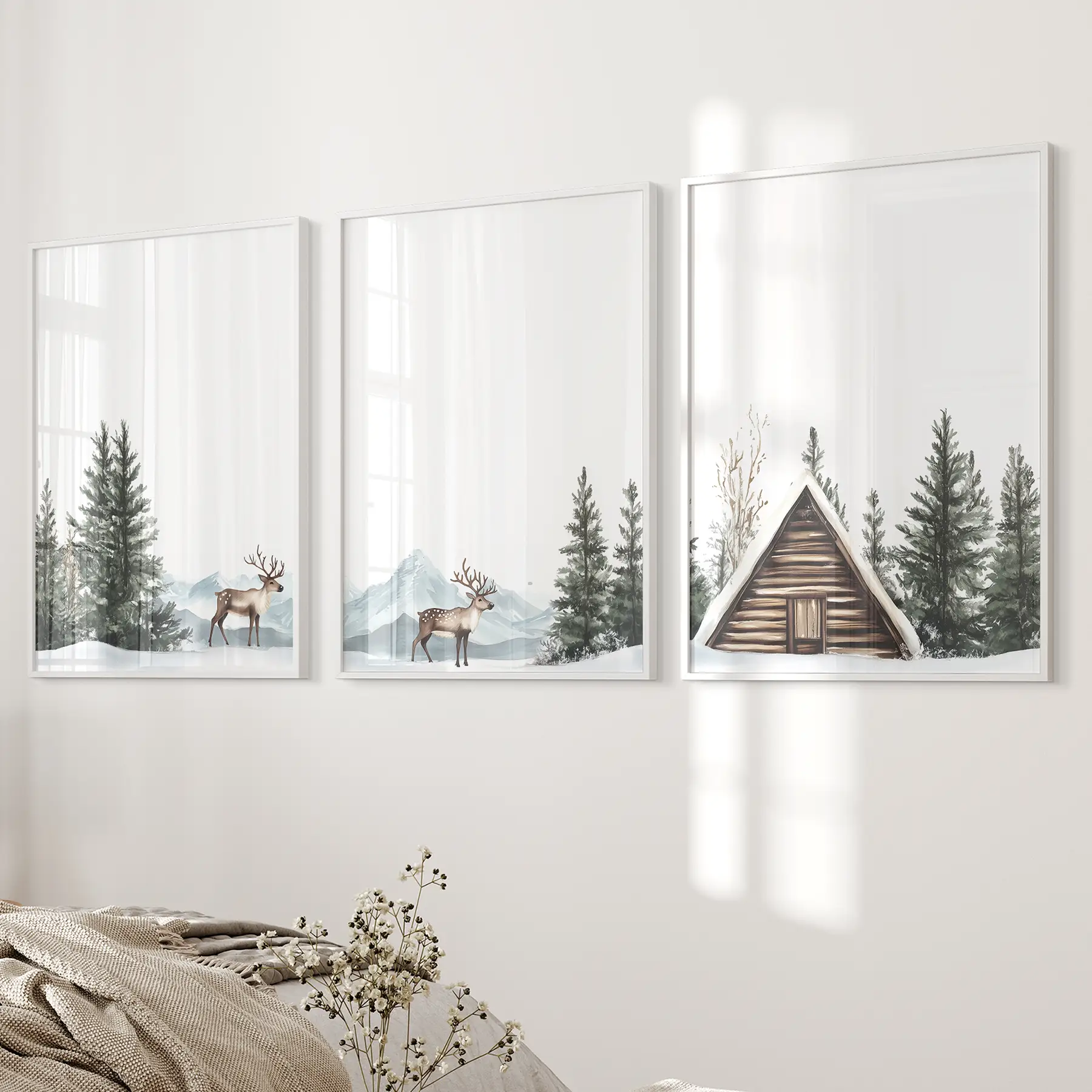 Rustic Cabin, Snowy Forest Prints. 3 Piece Winter Wall Art - Image 4