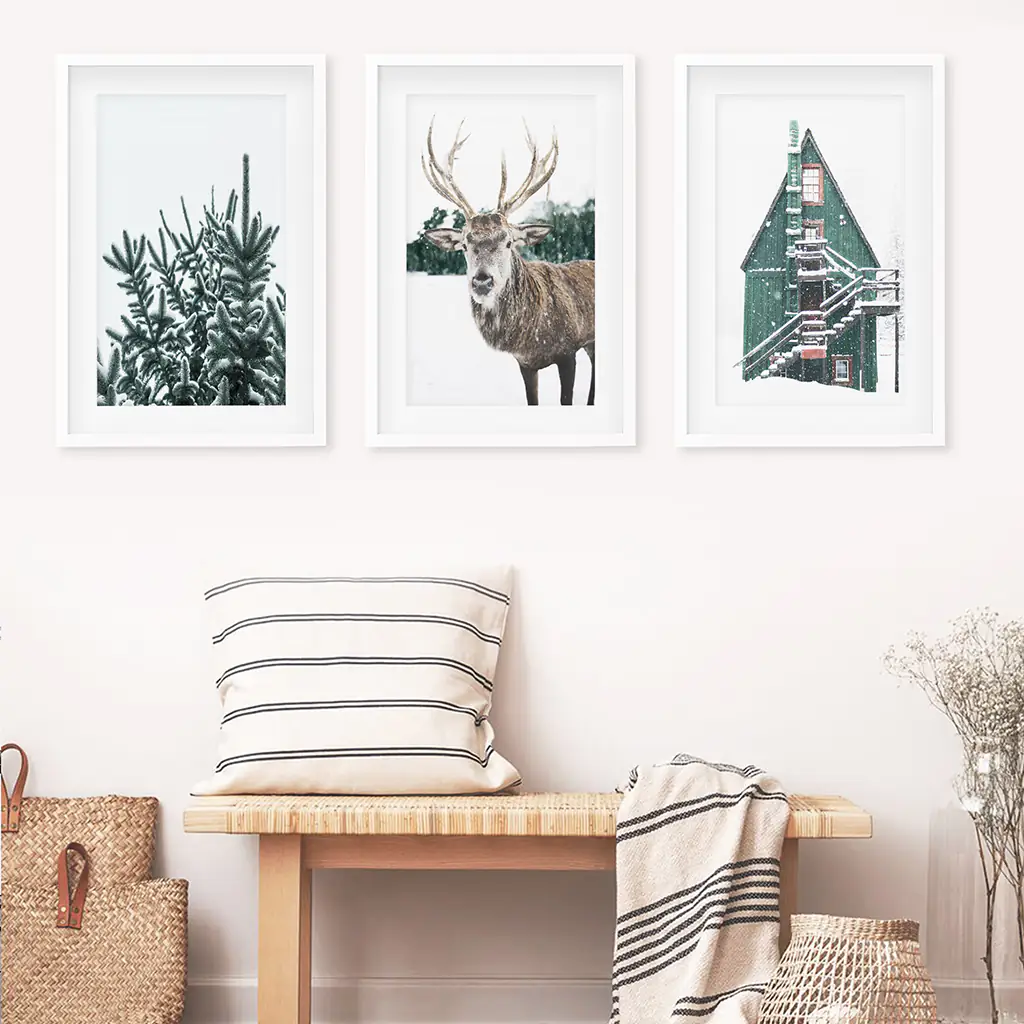 Rustic Christmas Wall Art Set. Trees, Deer, Green Log Cabin - Image 5