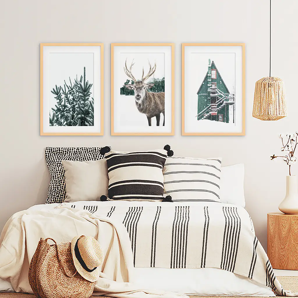 Rustic Christmas Wall Art Set. Trees, Deer, Green Log Cabin - Image 7