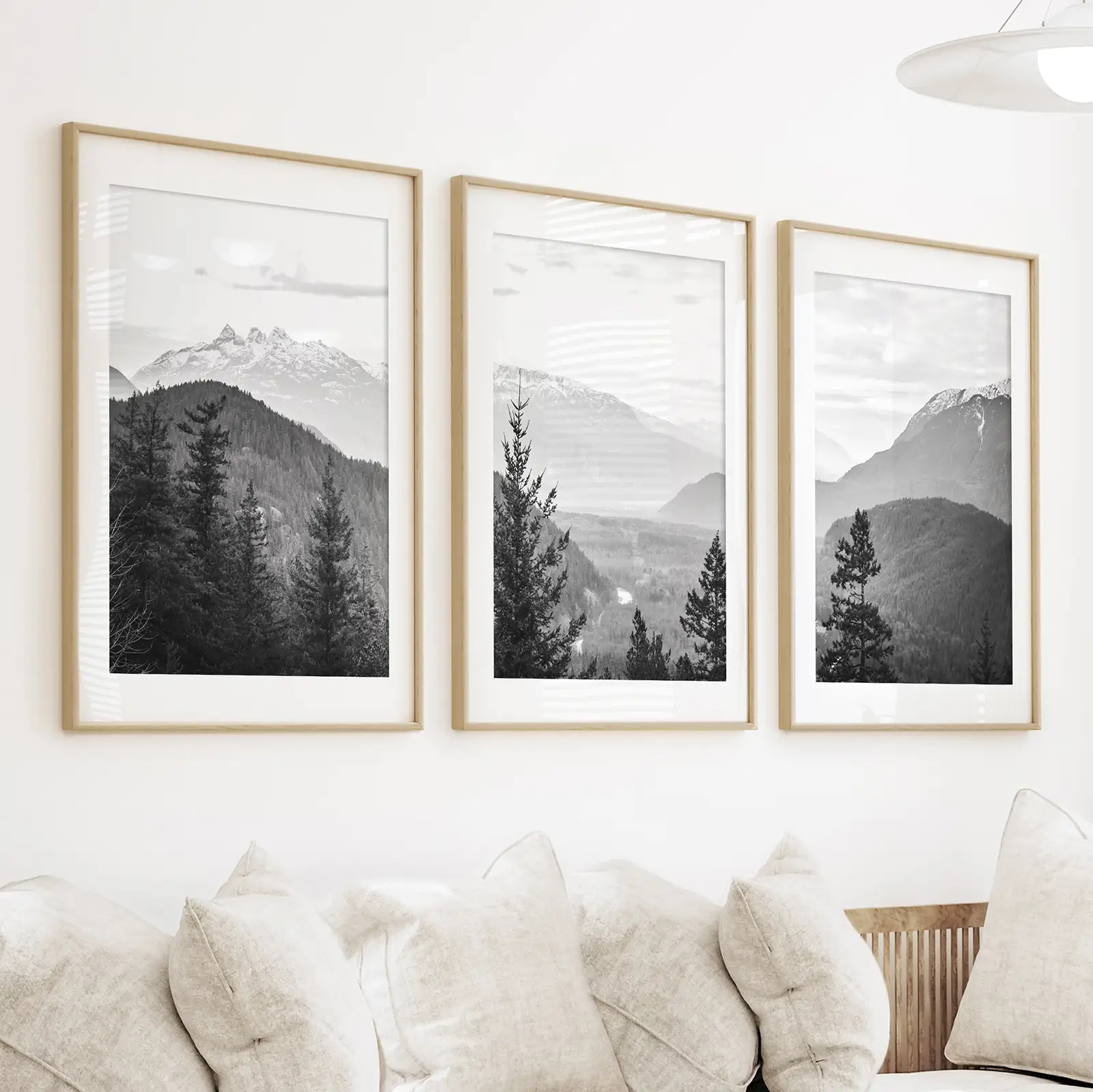 Set of 3 Black White Mountain Forest Prints. Scandi Wall Art - Image 2