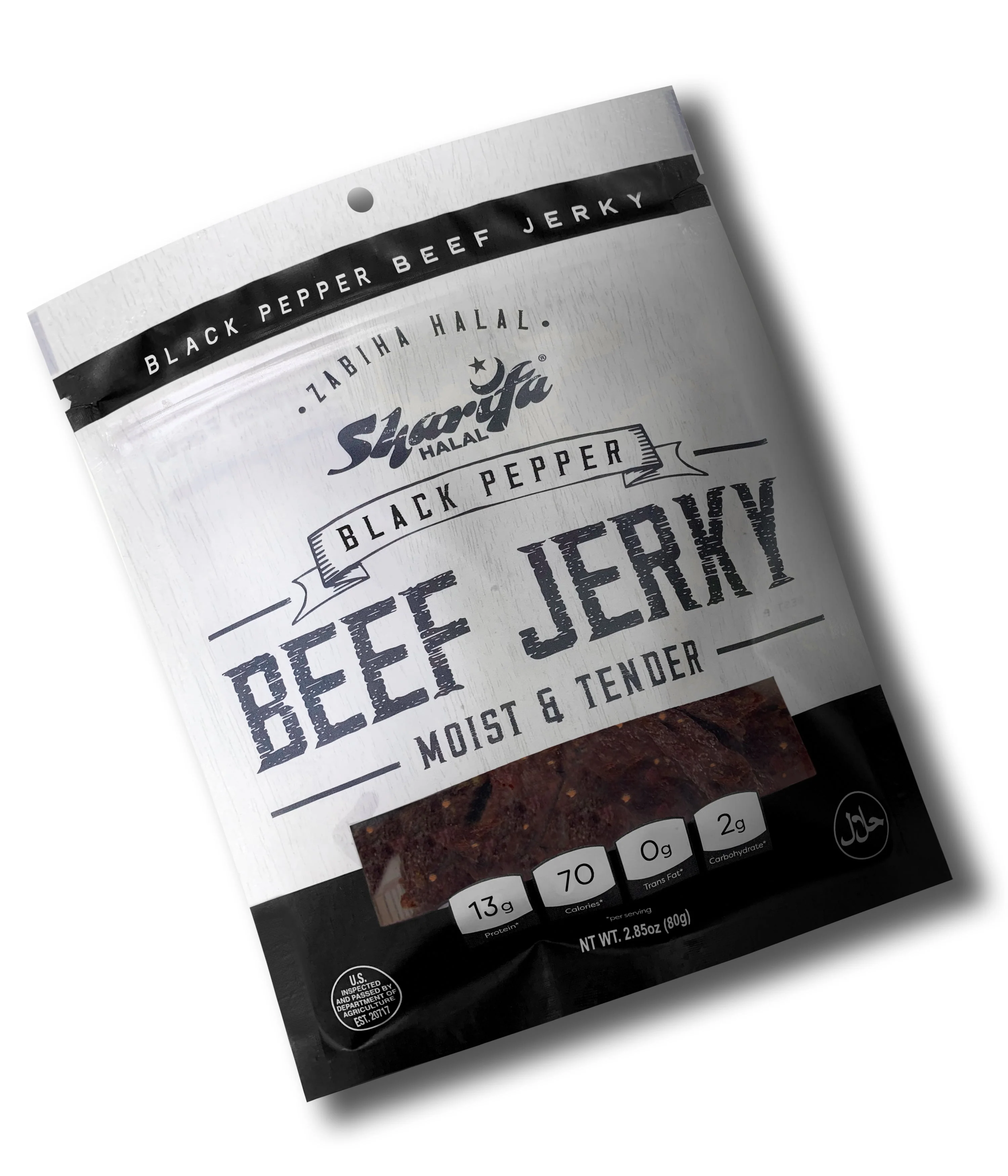 Sharifa Halal Beef Jerky, Black Pepper, (1) 2.85 oz. Bag – Great Everyday Halal Jerky Beef Meat Snack, 100 % Real Zabiha Halal Beef, 13g of Protein, 70 Calories, 0g Trans Fat, & 2g of Carbohydrates - Image 2