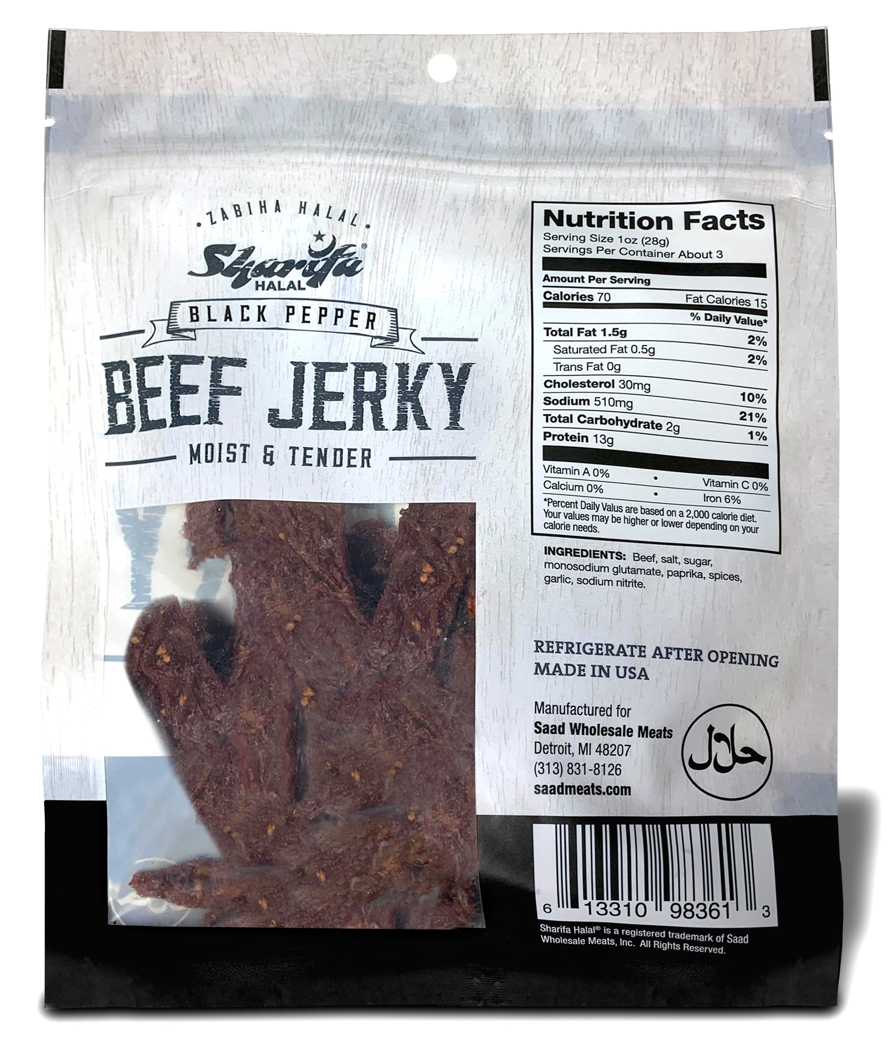 Sharifa Halal Beef Jerky, Black Pepper, (1) 2.85 oz. Bag – Great Everyday Halal Jerky Beef Meat Snack, 100 % Real Zabiha Halal Beef, 13g of Protein, 70 Calories, 0g Trans Fat, & 2g of Carbohydrates - Image 4