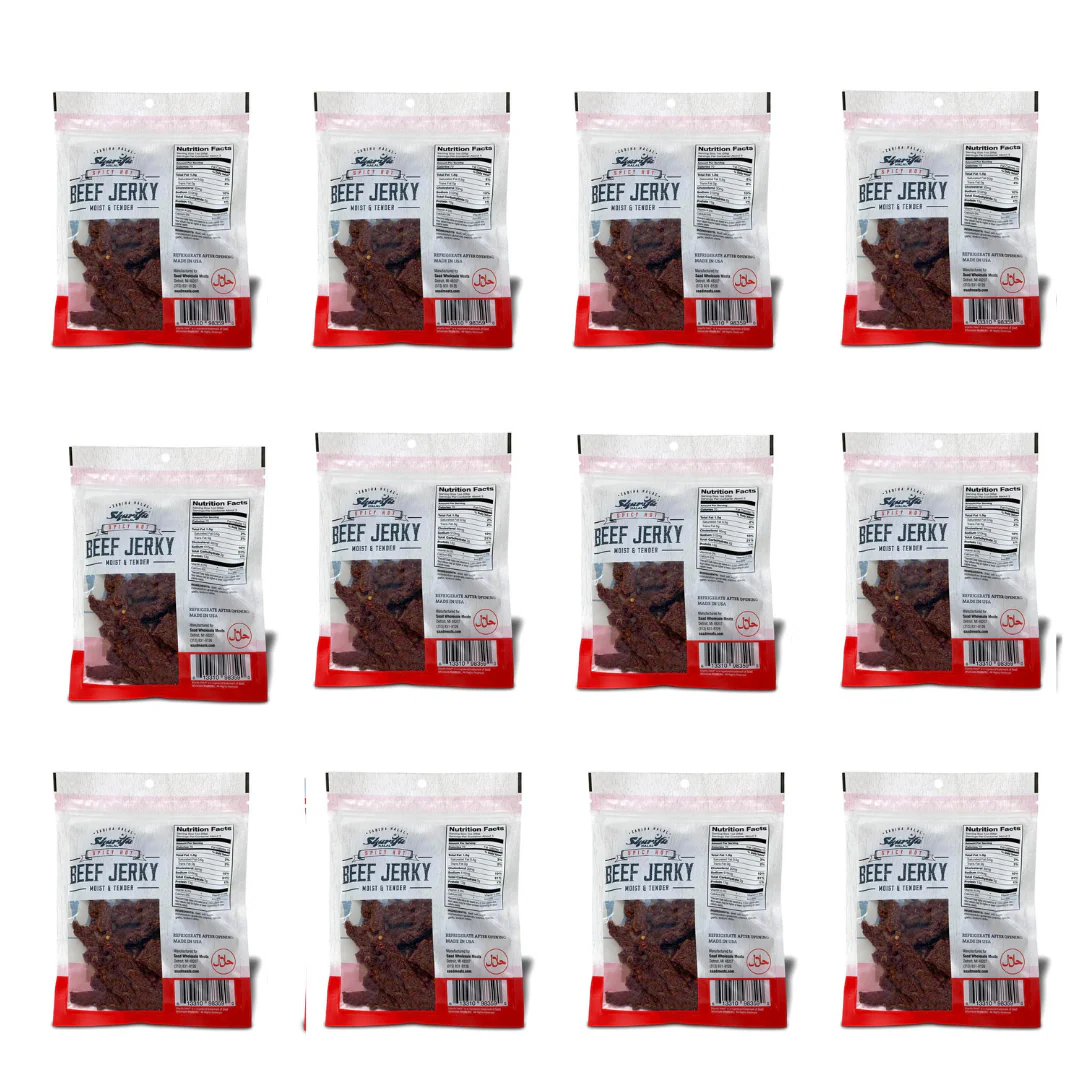 SHARIFA HALAL BEEF JERKY, SPICY HOT, (1 CASE) (12-2.85 OZ. BAGS) – GREAT EVERYDAY HALAL JERKY BEEF MEAT SNACK, 100 % REAL ZABIHA HALAL BEEF, 13G OF PROTEIN, 70 CALORIES, 0G TRANS FAT, & 2G OF CARBOHYDRATES - Image 2