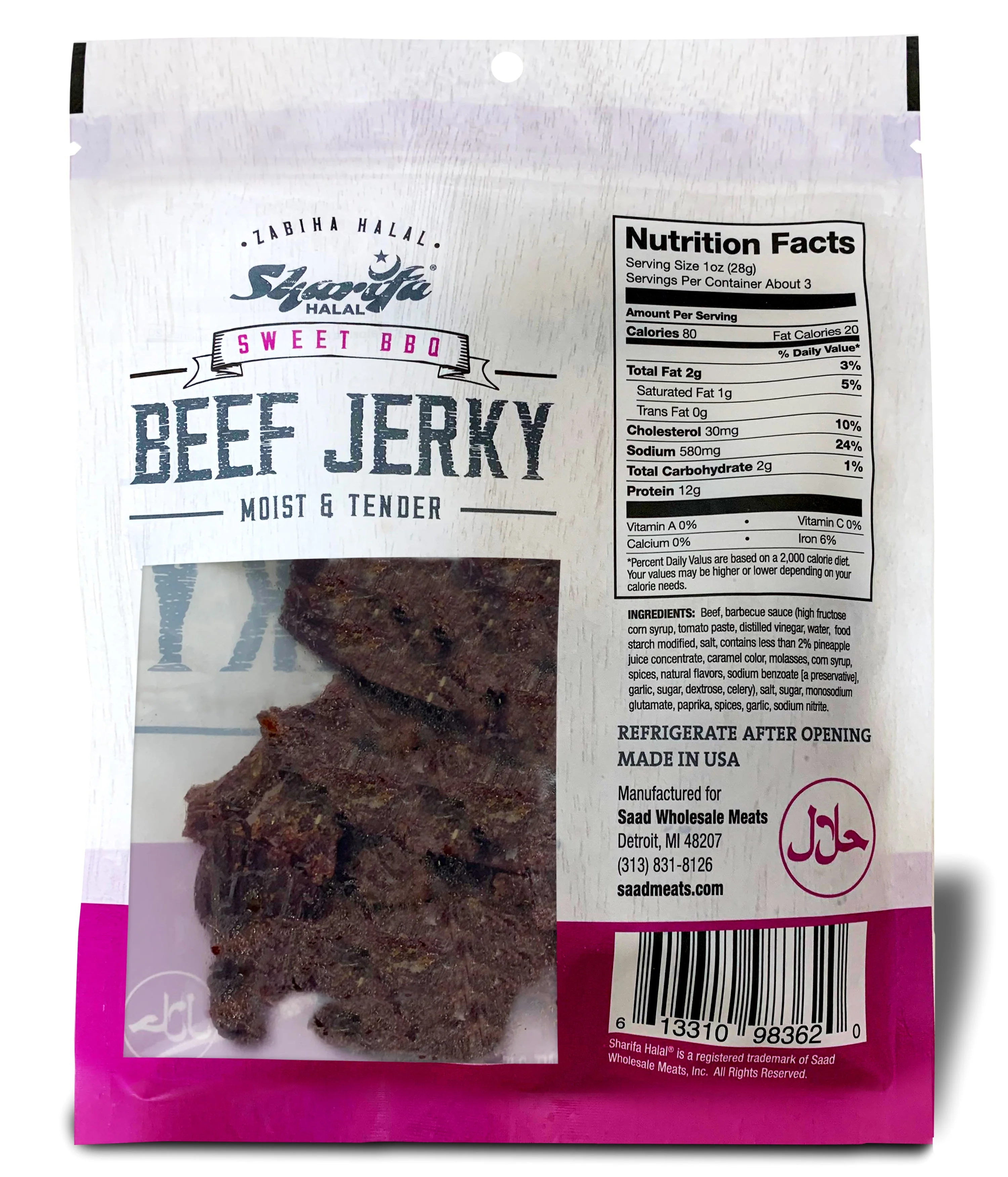 Sharifa Halal Beef Jerky, Sweet BBQ, (3) 2.85 oz. Bag – Great Everyday Halal Jerky Beef Meat Snack, 100 % Real Zabiha Halal Beef, 12g of Protein, 80 Calories, 0g Trans Fat, & 2g of Carbohydrates - Image 4
