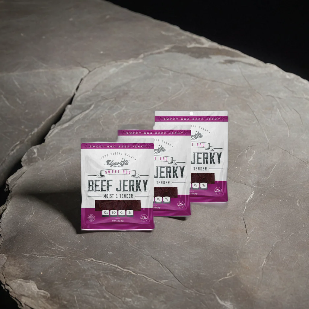 Sharifa Halal Beef Jerky, Sweet BBQ, (3) 2.85 oz. Bag – Great Everyday Halal Jerky Beef Meat Snack, 100 % Real Zabiha Halal Beef, 12g of Protein, 80 Calories, 0g Trans Fat, & 2g of Carbohydrates - Image 7