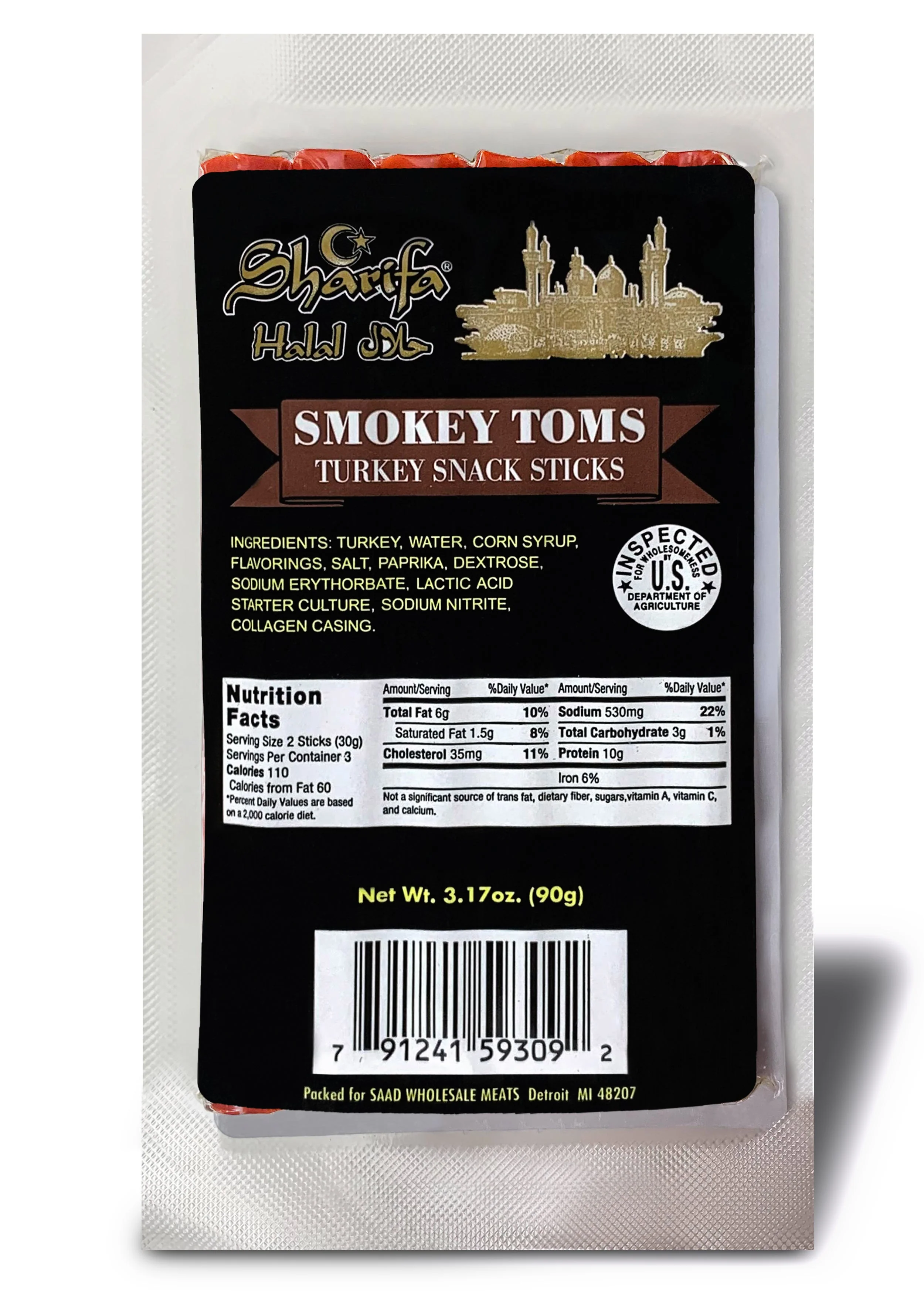 Sharifa Halal Smokey Toms Turkey Snack Sticks, (1) 3.17 oz. Package – Great Everyday Halal Turkey Snack, 100 % Real Zabiha Halal Turkey, 10g of Protein, 110 Calories, & 3g of Carbohydrates - Image 3