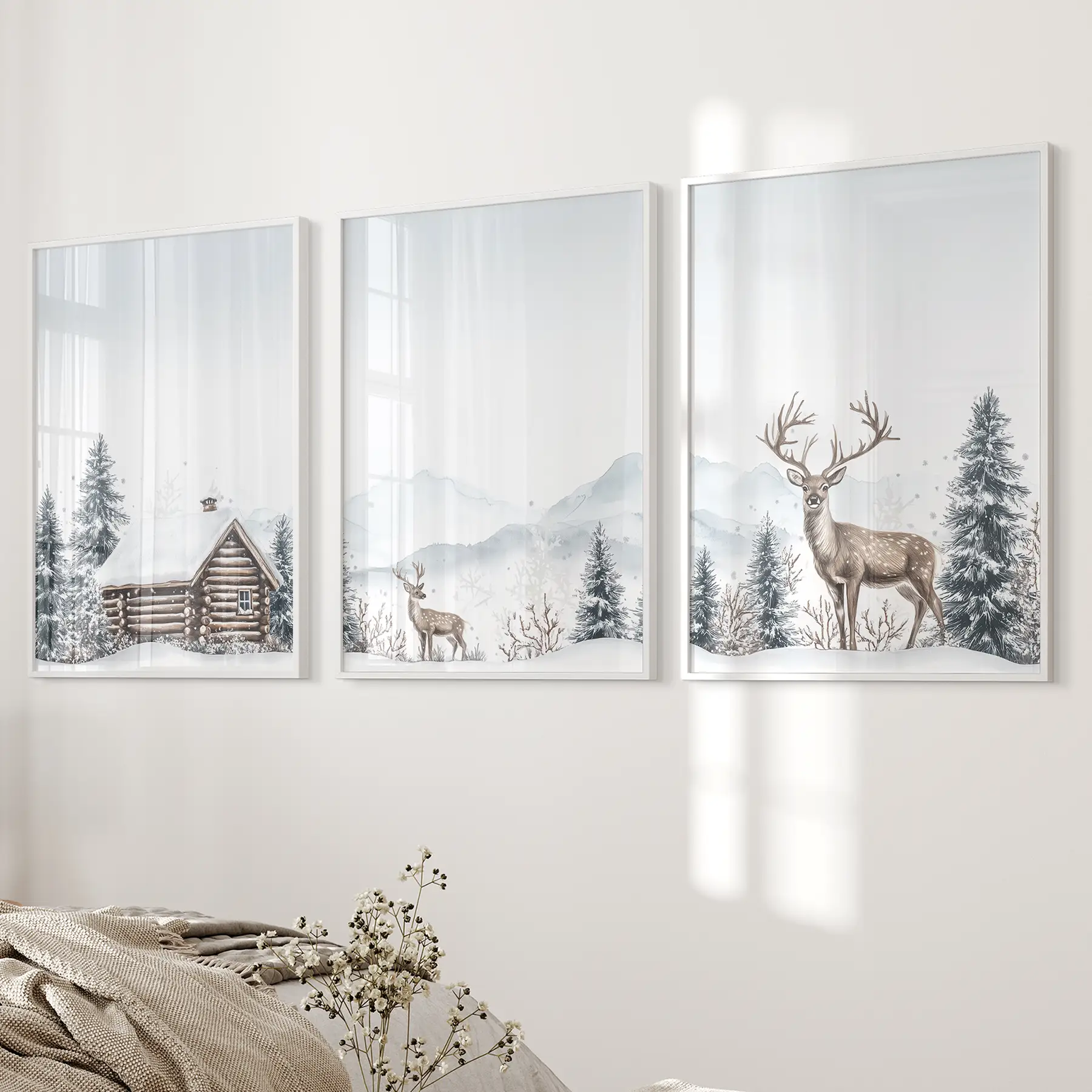 Snowy Deer Wall Art Set of 3. Winter Woodland Prints - Image 3