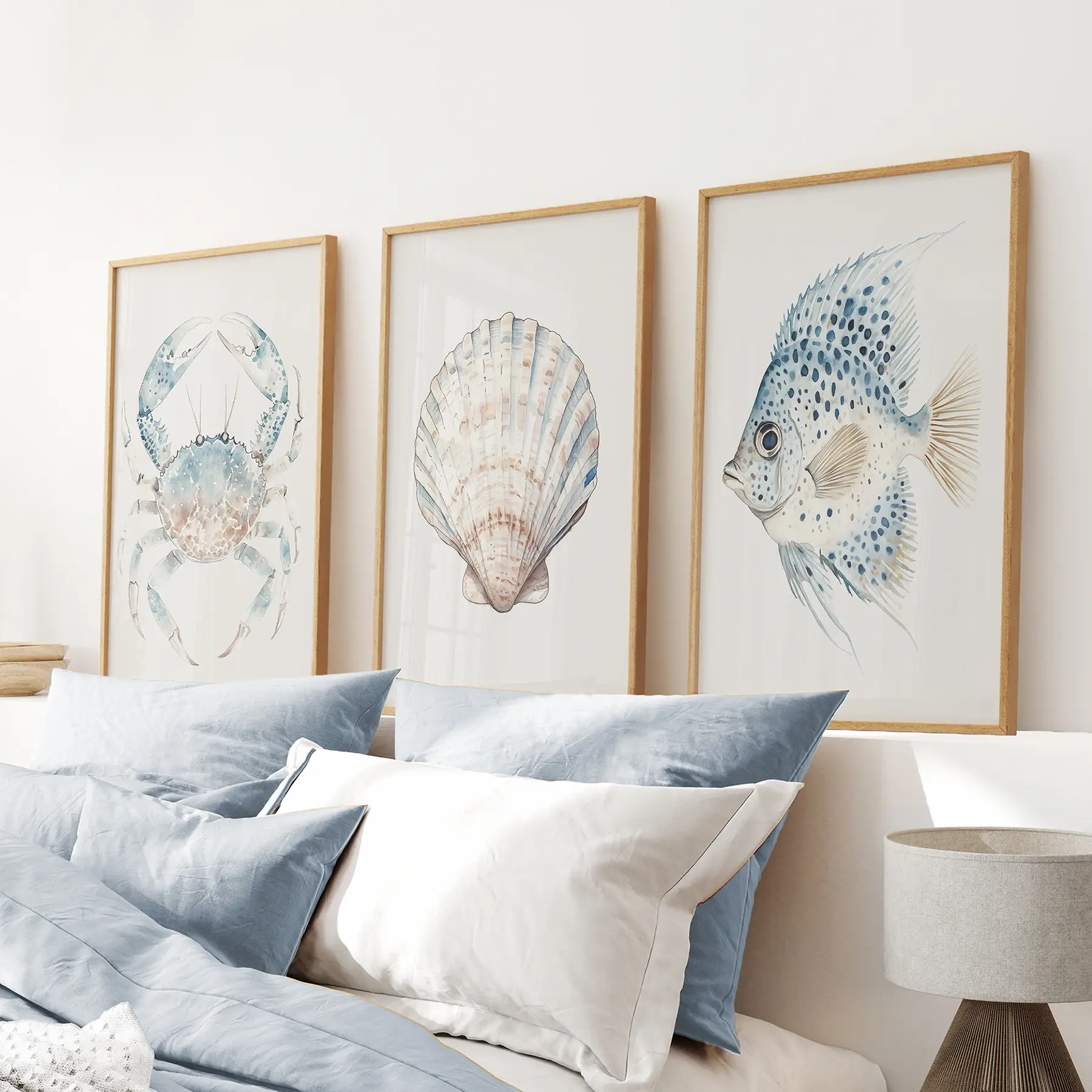 Watercolor Light Blue Nautical 3 Piece Art. Crab, Shell, Fish